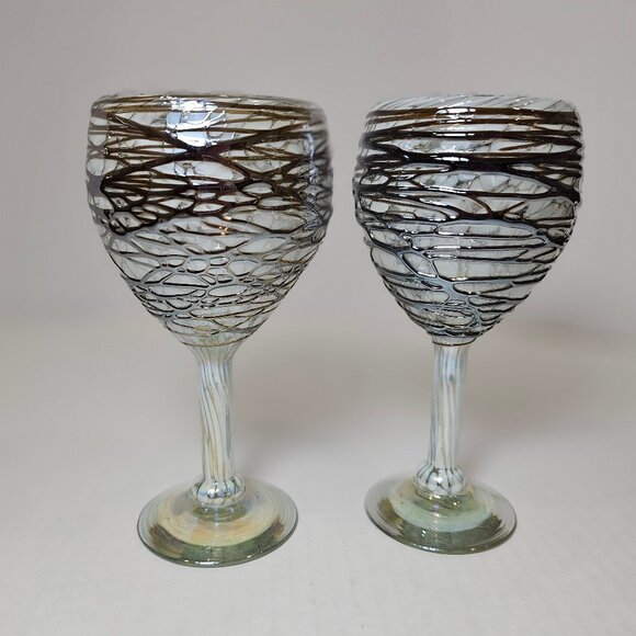 Unique Hand Blown Art Glass 2 Goblets With Chocolate Web Design Over White Base - Picture 2 of 12